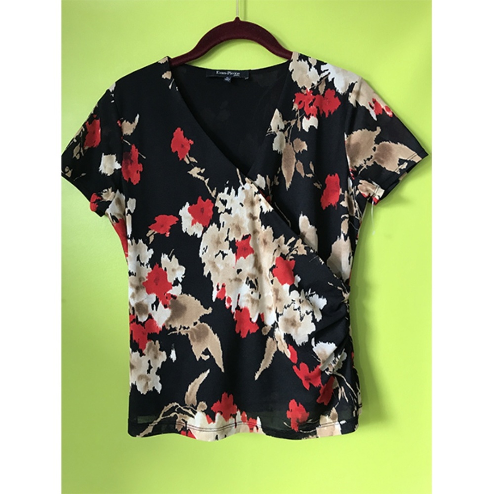 Evan Picone Wrap Floral Black Top Petite Sz PL
